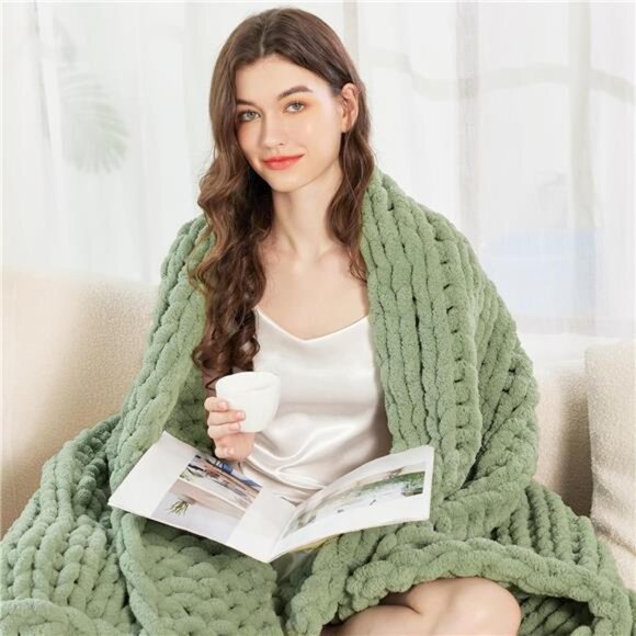 Chunky Knit Blanket Throw Chenille Soft Cozy Knitted Sofa Home Decor 51x63 Sage - Picture 3 of 7